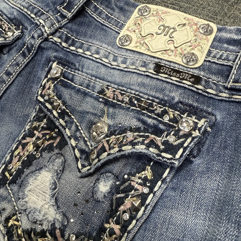 Miss Me Jeans Women's 27 Blue Straight Leg Rhinestone Embellished Distressed Y2K